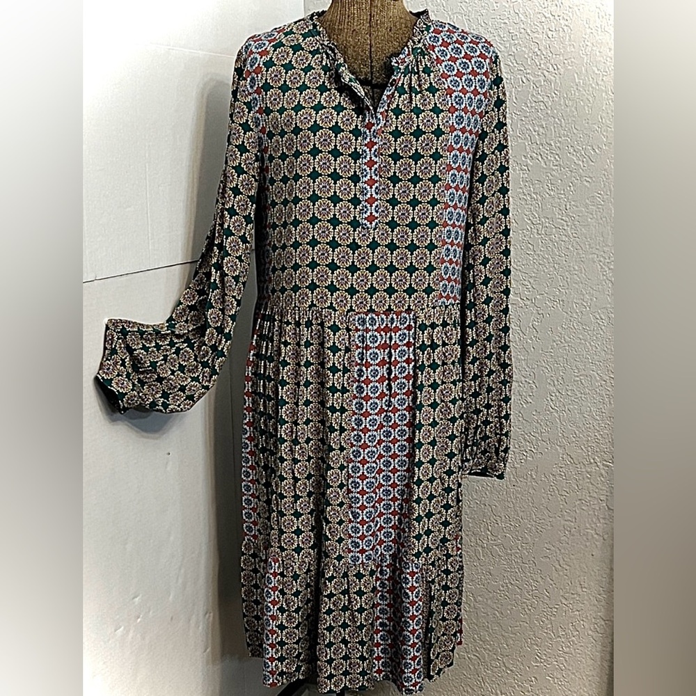 Printed Long-Sleeve Midi Dress in Multi-Color